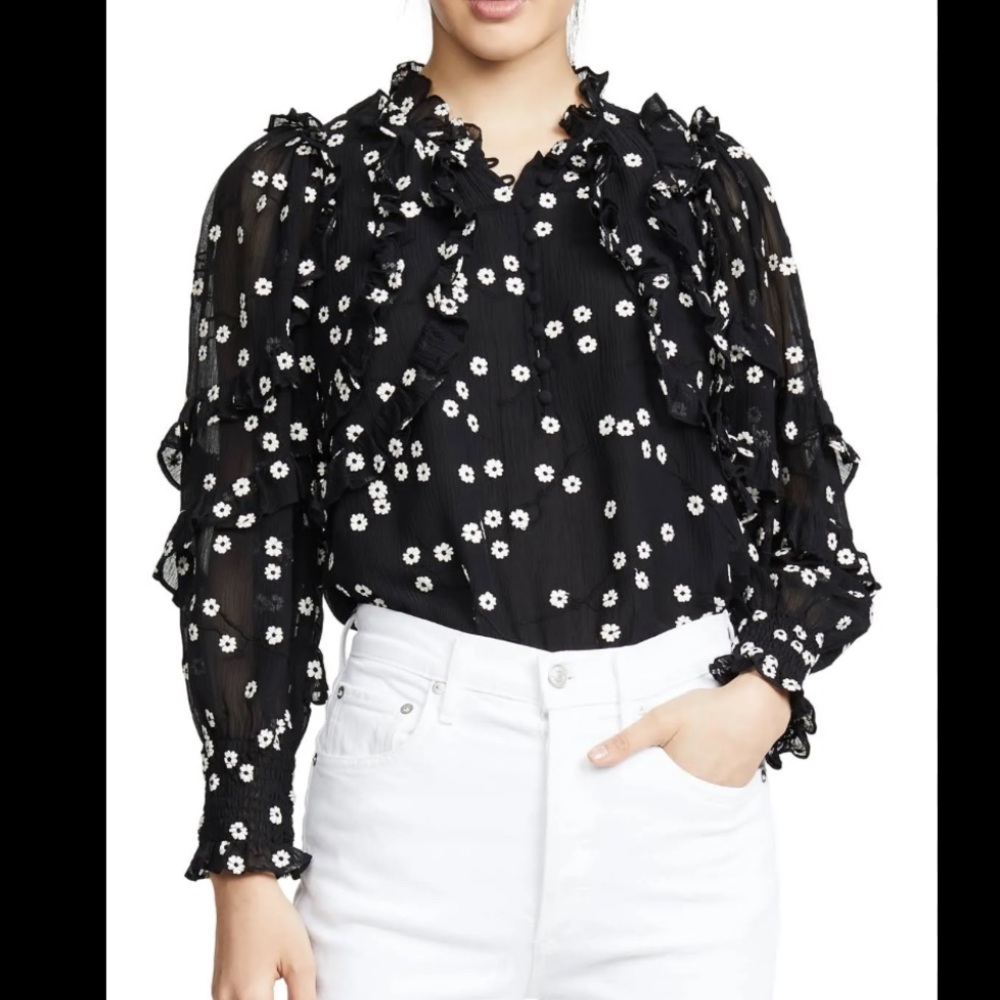 NWOT Rebecca Taylor ALESSANDRA RUFFLE TOP in Black and White Size 2